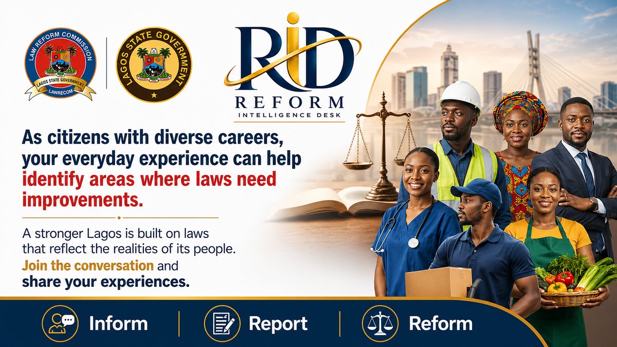 Lagos_LawReform's tweet photo. As citizens with diverse careers, your everyday experience can help identify where laws need improvements.

A stronger Lagos is built on laws that reflect the realities of its people.

Join the conversation and share your experiences with RID — the Reform Intelligence Desk.

What challenge have you faced that you believe needs law reform? Tell us below 👇

#LawReform #RisingLagos #ReformIntelligenceDesk
@lagosstategov

@LagosMoj

@followlasg

@gbenga_omo

@Lagosdsva

@Mr_JAGs