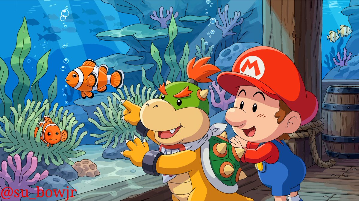 su_bowjr's tweet photo. ベビィマリオとクッパjr.が仲良く水槽の中の魚を眺めている🐠ちび同士の様子がとても微笑ましい😊 https://t.co/ihLQxmYvJd