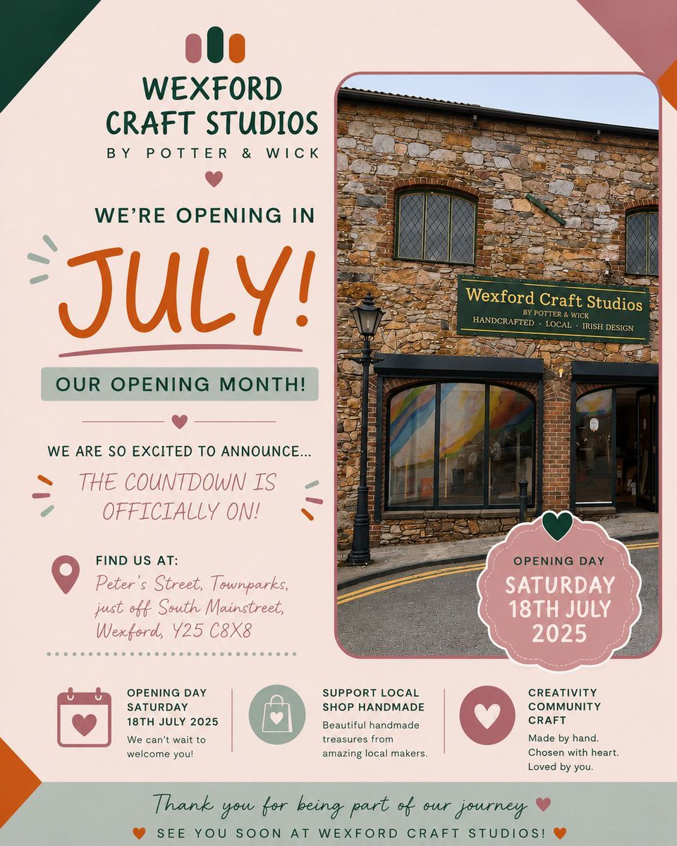 LEOwexford's tweet photo. 🎉 Best of luck to the team at Potter and Wick as they officially open Wexford Craft Studios this Saturday, 18th July!
Wishing them every success with this exciting new creative space in Wexford. 👏✨
#Wexford #CraftStudios #SupportLocal #CreativeWexford #LocalEnterprise https://t.co/M4P50N0BhQ