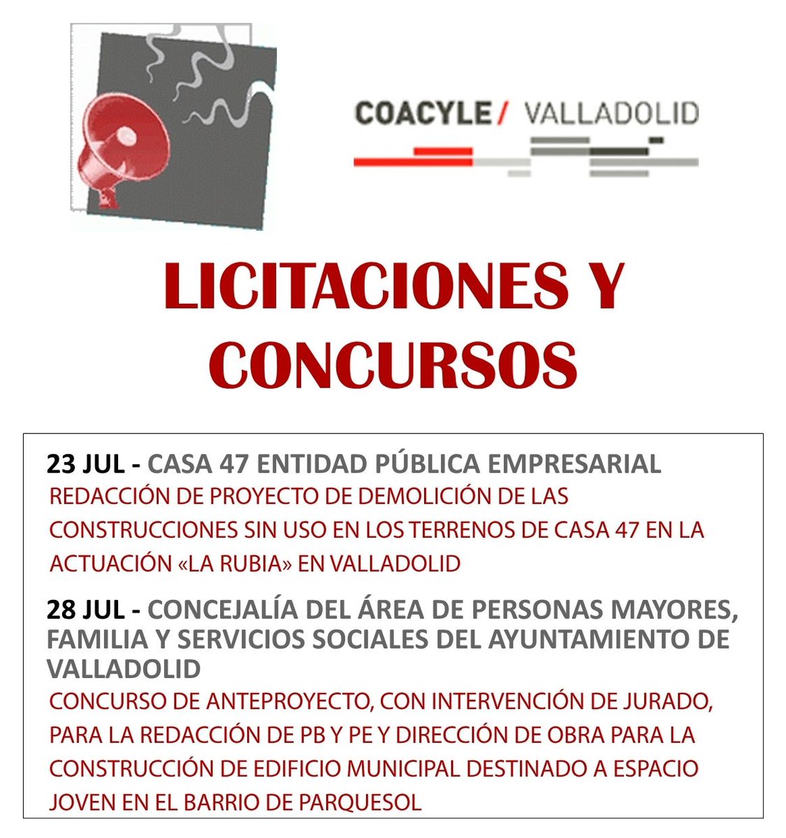 COAValladolid's tweet photo. 📢Hoy miércoles, desde el #COAVA, os traemos una 3licitación y un #concurso que seguro que son de vuestro interés.
Más información:
1️⃣https://t.co/Y5nE3UbMM8
2️⃣https://t.co/WAESslz9Uu https://t.co/HGhrAuMKLE