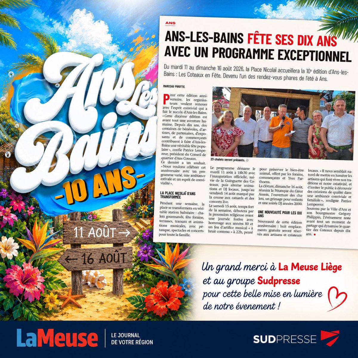 AnsBains's tweet photo. 🎉 Ans-les-Bains – Les Coteaux en Fête à l’honneur dans La Meuse Liège !

Un immense merci à Sudinfo La Meuse Liège pour cette belle mise en lumière de notre 10ᵉ édition.

📍 Rendez-vous du 11 au 16 août 2026 à la Place Nicolai pour fêter ensemble les 10 ans d’Ans-les-Bains ! https://t.co/BmXwLi8m0d
