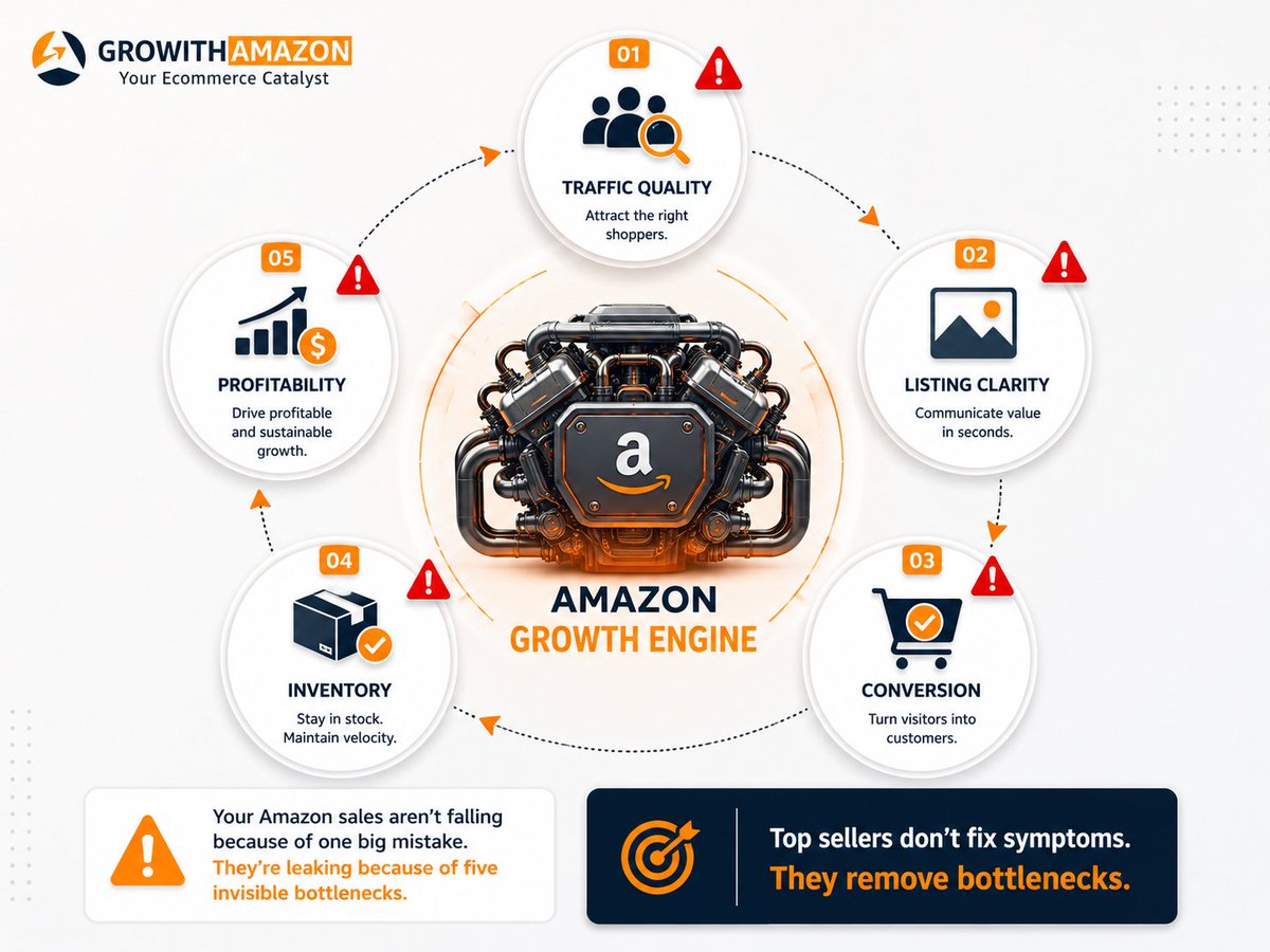 growithamazon's tweet photo. Most Amazon sellers optimize symptoms. Top sellers optimize constraints.
One bottleneck in traffic, conversion, inventory, or profitability can slow your entire growth engine.

Book a Free 15 minutes call at🚀 https://t.co/MGn3jwM75l for more details about amazon strategy https://t.co/xlhtyN0qdD