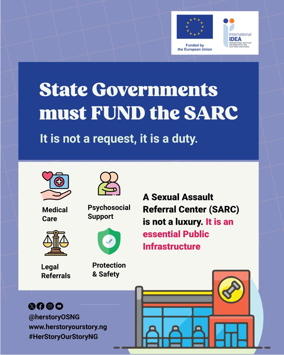 HerStoryOSNG's tweet photo. A Sexual Assault Referral Centre (SARC) is not a luxury. It is a lifeline.

For survivors of sexual and gender based violence, a SARC provides access to medical care, psychosocial support, legal referrals, and protection, all in one place.

Yet many survivors still do not have access to these essential services simply because they live in a state without a functional SARC.

This must change.

State governments have a responsibility to protect survivors. That responsibility begins with funding, staffing, and sustaining Sexual Assault Referral Centres.

Every survivor deserves timely care.
Every state should have a SARC.
No survivor should be left behind.

📞 0806 429 2526
🌐 https://t.co/82hadCaNtz

#HerStoryOurStoryNG #EndGBV #FundTheSARCs #JusticeForSurvivors #SupportSurvivors #GenderJustice