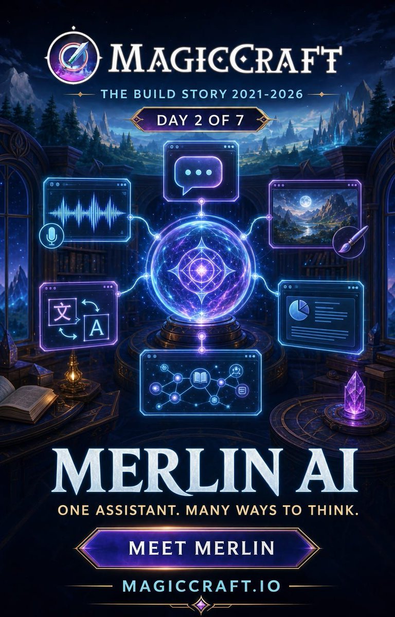 MagicCraftGame's tweet photo. Day 2/7: Merlin is a multi-persona AI assistant for chat, images, voice, translation, market briefs and memory. Connected accounts and messaging remain permission-based. 

Meet Merlin: https://t.co/YlikTEL1No https://t.co/CShokGOLtE