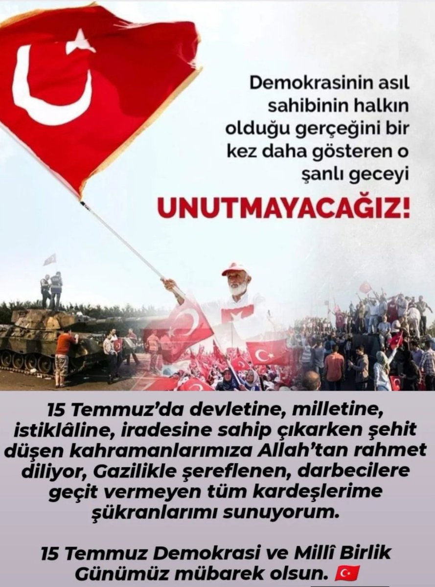 emin_ciftci's tweet photo. 15 Temmuz’da devletine, milletine, istiklâline, iradesine sahip çıkarken şehit düşen kahramanlarımıza Allah’tan rahmet diliyor, Gazilikle şereflenen, darbecilere geçit vermeyen tüm kardeşlerime şükranlarımı sunuyorum.

15 Temmuz Demokrasi ve Millî Birlik Günümüz mübarek olsun. 🇹🇷 https://t.co/4z1F9UvqAY
