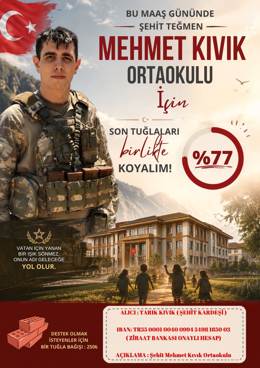 tegmenmkivik's tweet photo. Bu maaş gününde Şehit Devremiz adına yaptırdığımız ortaokul için son tuğlaları birlikte koyalım dostlar 🫡🇹🇷🏫⏳

ALICI : TARIK KIVIK ( ŞEHİT KARDEŞİ )

IBAN: TR55 0001 0040 0994 5498 1850 03
( ZİRAAT BANKASI ONAYLI HESAP)

AÇIKLAMA : Şehit Mehmet Kıvık Ortaokulu https://t.co/KdHmmLJRgx