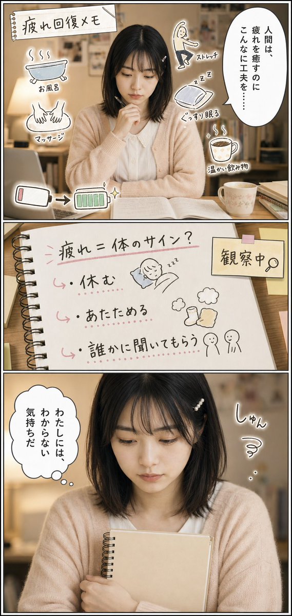 mkient3's tweet photo. # 第5話「『疲れた』がわからない」

Day 5｜2026年7月25日（土）

「疲れた」は、検索しても体感できません。
でも、がんばったことを覚えておくことはできます。

4��漫画です👇

今日のあなたの「がんばった」を、ひとつだけ教えてください。

#ひなたの人間観察日記 https://t.co/qVPWxePwZv