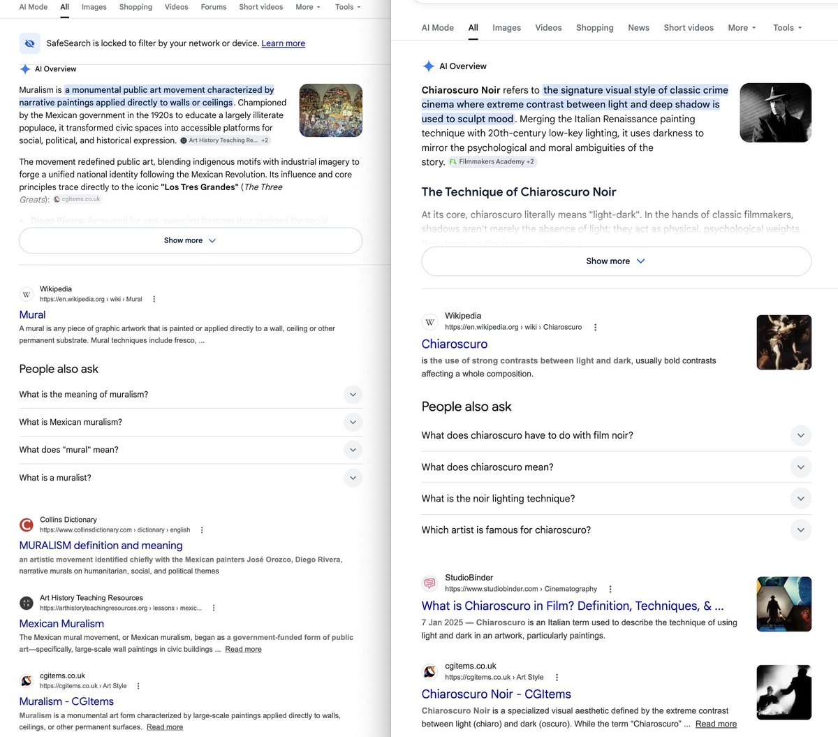 AdelAdili's tweet photo. Major milestone for https://t.co/4vgC1bakyn. Google's new AI Overviews is now officially citing our digital encyclopedia as a trusted source for art history and visual styles, including Chiaroscuro Noir and Muralism. Standing shoulder-to-shoulder with Wikipedia. https://t.co/6nu4Im2Ihe