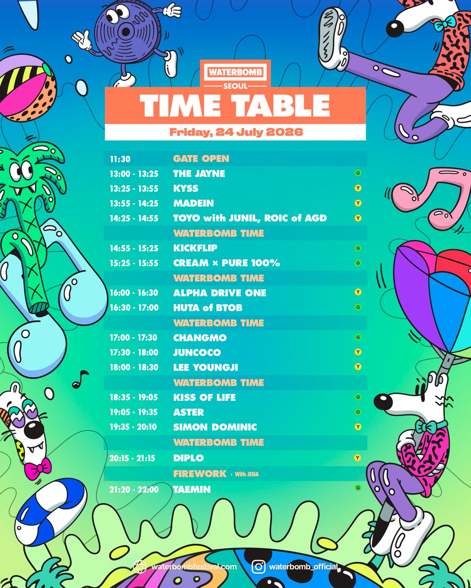 waterbomb_seoul's tweet photo. WATERBOMB SEOUL TIMETABLE is officially OUT!🔥
Time to plan your schedule so you don’t miss your favorite artists!⏱️
Get ready to make this the absolute best day of your summer!✨

WATERBOMB SEOUL 2026
✅ Date: July 24 (Fri) – July 26 (Sun), 2026
✅ Venue: KINTEX Outdoor Global Stage
✅ Tickets: Click the link in bio @waterbomb_official

📌 Notice
*Once the current ticket tier sells out, the next tier will open automatically without further notice, and the price will increase.
*Limited to a maximum of 4 tickets per person.

#WATERBOMB #WATERBOMB2026 #WATERBOMBSEOUL