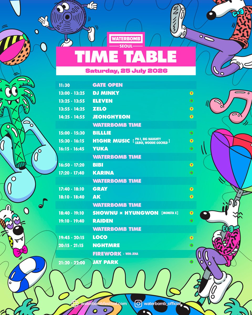 waterbomb_seoul's tweet photo. WATERBOMB SEOUL TIMETABLE is officially OUT!🔥
Time to plan your schedule so you don’t miss your favorite artists!⏱️
Get ready to make this the absolute best day of your summer!✨

WATERBOMB SEOUL 2026
✅ Date: July 24 (Fri) – July 26 (Sun), 2026
✅ Venue: KINTEX Outdoor Global Stage
✅ Tickets: Click the link in bio @waterbomb_official

📌 Notice
*Once the current ticket tier sells out, the next tier will open automatically without further notice, and the price will increase.
*Limited to a maximum of 4 tickets per person.

#WATERBOMB #WATERBOMB2026 #WATERBOMBSEOUL