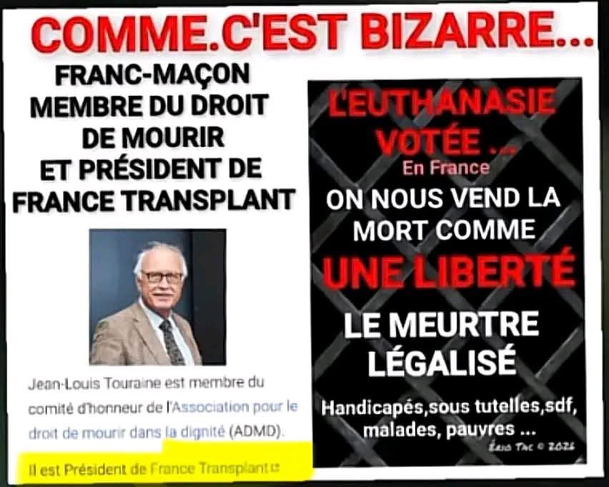 La_dy_bird's tweet photo. Tout va bien... Jean-Michel Touraine, membre d'honneur de l'#ADMD, est aussi.. président de France Transplant.
Si vous ne voyez aucune rapport entre l'euthanasie, le trafic d'organes, l'eugénisme,.. c'est que la lobotomisation de ces 50 dernières années fait déjà effet sur vous! https://t.co/tHmyA980LJ