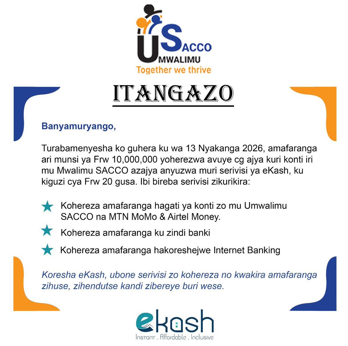 aphrodisnt's tweet photo. Dear @MwalimuSacco , aya makuru mwayahuza mute? Abanyamuryango bifuje kumenya ni ba uwaba afite 1M yabasha kuyibikuza anyuze kuri eKash. Murakoze https://t.co/sPlexlShDk