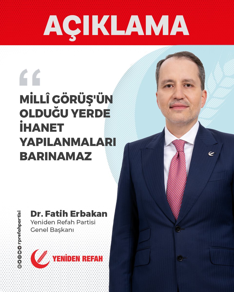 rprefahpartisi's tweet photo. Genel Başkanımız Dr. Fatih Erbakan’ın “15 Temmuz” mesajı: “Millî Görüş’ün olduğu yerde ihanet yapılanmaları barınamaz.” başlıklı açıklamaya internet sitemizden ulaşabilirsiniz.
https://t.co/q6ox374PNB https://t.co/ctm5OPg5NU