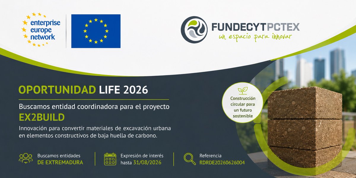 FundecytPCTEX's tweet photo. ¿Tu empresa extremeña tiene experiencia en coordinación de proyectos europeos y trabaja en tecnologías de #construcción, #materiales, #ingeniería de procesos o integración de sistemas?

¡Tenemos nuevas oportunidades de cooperación internacional en I+D+I en nuestra plataforma!

Desde @FundecytPCTEX, como nodo en Extremadura de la @EEN_EU, brindamos esta oportunidad dirigida a empresas de Extremadura interesadas en liderar un consorcio para una propuesta LIFE 2026.

El proyecto EX2BUILD busca un coordinador para escalar una innovadora tecnología que transforma materiales de excavación urbana en elementos constructivos portantes de muy baja huella de carbono, con el objetivo de alcanzar una producción industrial y acelerar su llegada al mercado.

Si estás interesad@ en conocer más detalles o presentar una expresión de interés, contacta con nosotros indicando la referencia RDRDE20260626004 en este formulario: https://t.co/FMoUMnwKDw

Nosotr@s, #TeAsesoramos.

Esta, y otras muchas oportunidades de colaboración internacional en I+D+I, las tienes en nuestro buscador: https://t.co/Sl8l1apgrW