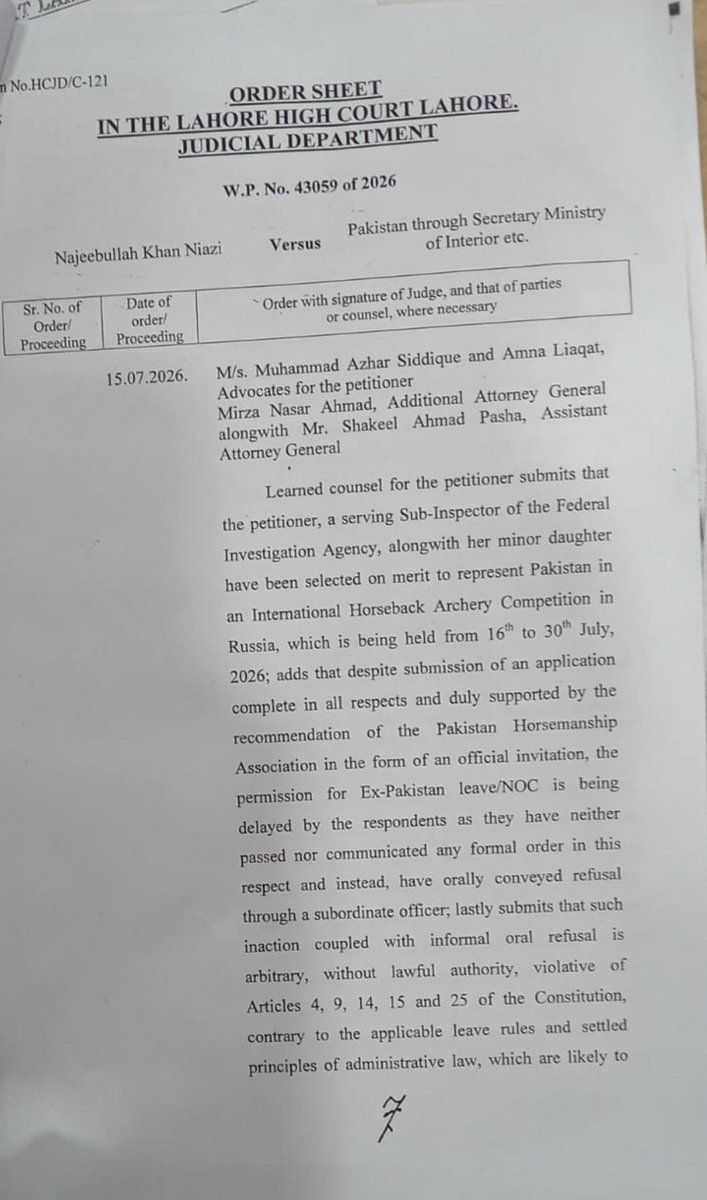 AzharSiddique's tweet photo. عدالت نے ایف آئی اے افسر کو روس میں پاکستان کی نمائندگی کے لیے بیرون ملک جانے کی اجازت دے دی

لاہور ہائیکورٹ نے نجیب اللہ خان نیازی کو ایک مرتبہ روس جانے کی عبوری اجازت دے دی

محمد اظہر صدیق ایڈووکیٹ سپریم کورٹ اور دیگر وکلاء کی مؤثر پیروی پر درخواست منظور

ایف آئی اے سب انسپکٹر اور ان کی کمسن بیٹی میرٹ پر انٹرنیشنل ہارس بیک آرچری مقابلے کے لیے منتخب

عدالت نے قرار دیا کہ والد کے خلاف محکمانہ کارروائی بچی کے بنیادی حقوق میں رکاوٹ نہیں بن سکتی

جسٹس خالد اسحاق نے کمسن بچی کے پاکستان کی نمائندگی کے حق کو اولین اہمیت دی

عدالت نے کہا کہ بچی کو بین الاقوامی مقابلے میں شرکت سے محروم نہیں کیا جا سکتا

درخواست گزار نے وطن واپسی اور محکمانہ کارروائی کا سامنا کرنے کا تحریری عہد نامہ عدالت میں جمع کرا دیا

عدالت نے عہد نامہ، واپسی کے ٹکٹ اور ویزا کی بنیاد پر عبوری ریلیف منظور کر لیا

لاہور ہائیکورٹ نے متعلقہ حکام کو آج ہی این او سی جاری کرنے کا حکم دے دیا

این او سی جاری نہ ہونے کی صورت میں امیگریشن حکام عدالتی حکم پر بیرون ملک جانے کی اجازت دیں گے

روس میں 16 سے 30 جولائی تک ہونے والے انٹرنیشنل ہارس بیک آرچری مقابلے میں پاکستان کی نمائندگی یقینی

محکمانہ کارروائیاں قانون کے مطابق اپنی جگہ جاری رہیں گی، عدالت

کیس گرمیوں کی تعطیلات کے بعد دوبارہ سماعت کے لیے مقرر کر دیا گیا