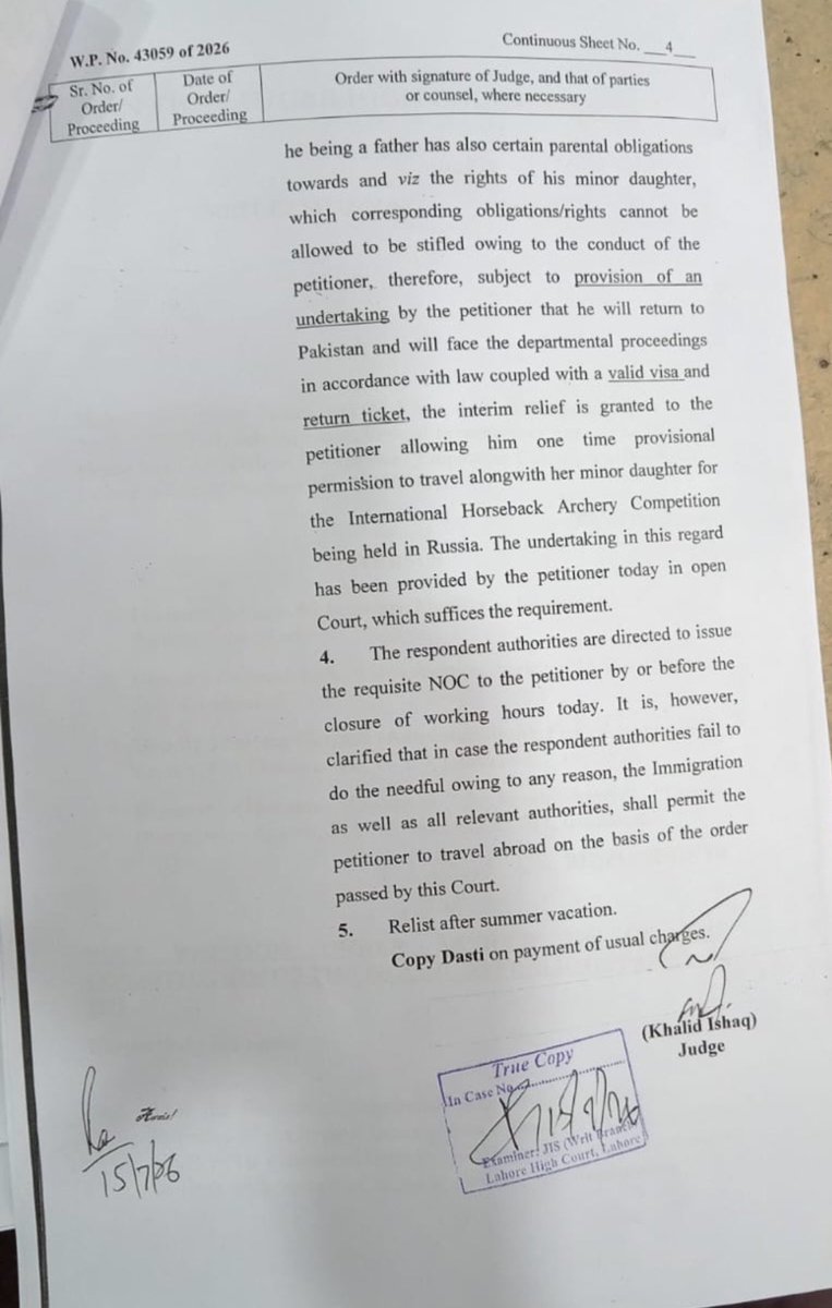 AzharSiddique's tweet photo. عدالت نے ایف آئی اے افسر کو روس میں پاکستان کی نمائندگی کے لیے بیرون ملک جانے کی اجازت دے دی

لاہور ہائیکورٹ نے نجیب اللہ خان نیازی کو ایک مرتبہ روس جانے کی عبوری اجازت دے دی

محمد اظہر صدیق ایڈووکیٹ سپریم کورٹ اور دیگر وکلاء کی مؤثر پیروی پر درخواست منظور

ایف آئی اے سب انسپکٹر اور ان کی کمسن بیٹی میرٹ پر انٹرنیشنل ہارس بیک آرچری مقابلے کے لیے منتخب

عدالت نے قرار دیا کہ والد کے خلاف محکمانہ کارروائی بچی کے بنیادی حقوق میں رکاوٹ نہیں بن سکتی

جسٹس خالد اسحاق نے کمسن بچی کے پاکستان کی نمائندگی کے حق کو اولین اہمیت دی

عدالت نے کہا کہ بچی کو بین الاقوامی مقابلے میں شرکت سے محروم نہیں کیا جا سکتا

درخواست گزار نے وطن واپسی اور محکمانہ کارروائی کا سامنا کرنے کا تحریری عہد نامہ عدالت میں جمع کرا دیا

عدالت نے عہد نامہ، واپسی کے ٹکٹ اور ویزا کی بنیاد پر عبوری ریلیف منظور کر لیا

لاہور ہائیکورٹ نے متعلقہ حکام کو آج ہی این او سی جاری کرنے کا حکم دے دیا

این او سی جاری نہ ہونے کی صورت میں امیگریشن حکام عدالتی حکم پر بیرون ملک جانے کی اجازت دیں گے

روس میں 16 سے 30 جولائی تک ہونے والے انٹرنیشنل ہارس بیک آرچری مقابلے میں پاکستان کی نمائندگی یقینی

محکمانہ کارروائیاں قانون کے مطابق اپنی جگہ جاری رہیں گی، عدالت

کیس گرمیوں کی تعطیلات کے بعد دوبارہ سماعت کے لیے مقرر کر دیا گیا
