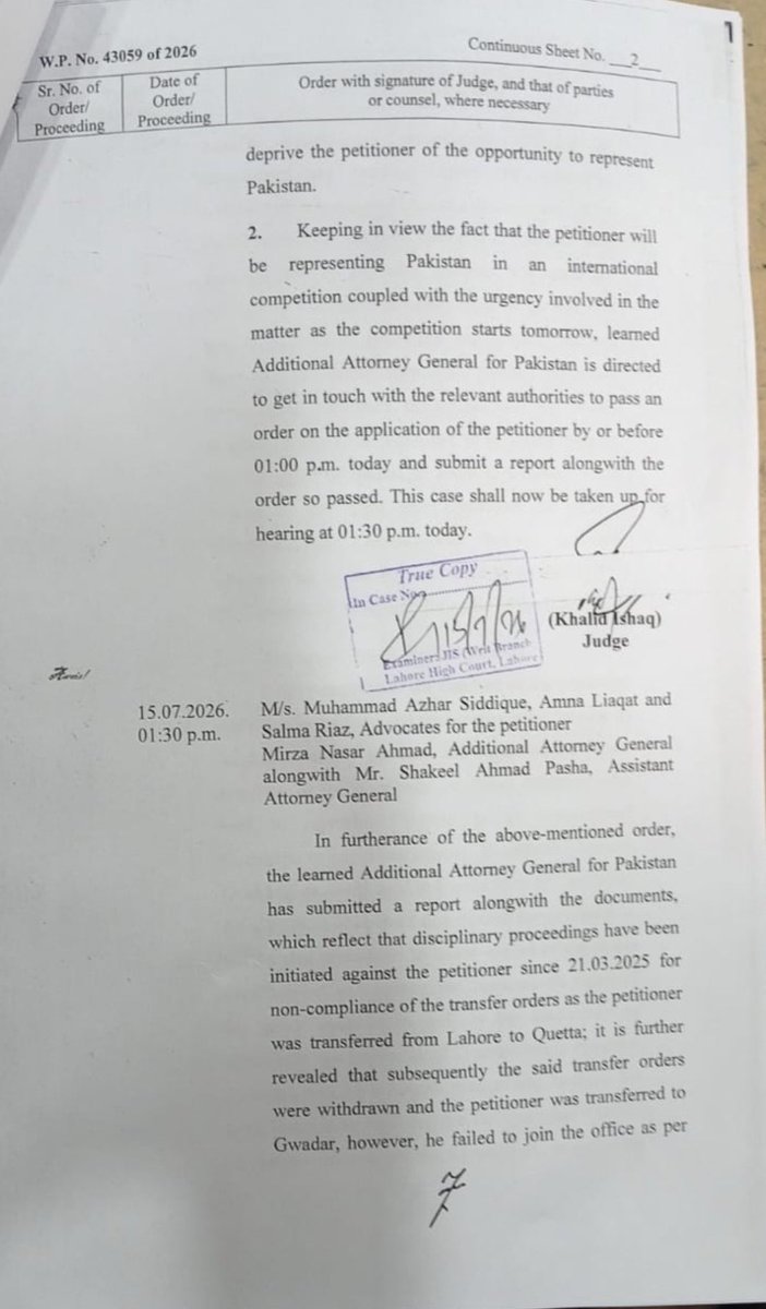 AzharSiddique's tweet photo. عدالت نے ایف آئی اے افسر کو روس میں پاکستان کی نمائندگی کے لیے بیرون ملک جانے کی اجازت دے دی

لاہور ہائیکورٹ نے نجیب اللہ خان نیازی کو ایک مرتبہ روس جانے کی عبوری اجازت دے دی

محمد اظہر صدیق ایڈووکیٹ سپریم کورٹ اور دیگر وکلاء کی مؤثر پیروی پر درخواست منظور

ایف آئی اے سب انسپکٹر اور ان کی کمسن بیٹی میرٹ پر انٹرنیشنل ہارس بیک آرچری مقابلے کے لیے منتخب

عدالت نے قرار دیا کہ والد کے خلاف محکمانہ کارروائی بچی کے بنیادی حقوق میں رکاوٹ نہیں بن سکتی

جسٹس خالد اسحاق نے کمسن بچی کے پاکستان کی نمائندگی کے حق کو اولین اہمیت دی

عدالت نے کہا کہ بچی کو بین الاقوامی مقابلے میں شرکت سے محروم نہیں کیا جا سکتا

درخواست گزار نے وطن واپسی اور محکمانہ کارروائی کا سامنا کرنے کا تحریری عہد نامہ عدالت میں جمع کرا دیا

عدالت نے عہد نامہ، واپسی کے ٹکٹ اور ویزا کی بنیاد پر عبوری ریلیف منظور کر لیا

لاہور ہائیکورٹ نے متعلقہ حکام کو آج ہی این او سی جاری کرنے کا حکم دے دیا

این او سی جاری نہ ہونے کی صورت میں امیگریشن حکام عدالتی حکم پر بیرون ملک جانے کی اجازت دیں گے

روس میں 16 سے 30 جولائی تک ہونے والے انٹرنیشنل ہارس بیک آرچری مقابلے میں پاکستان کی نمائندگی یقینی

محکمانہ کارروائیاں قانون کے مطابق اپنی جگہ جاری رہیں گی، عدالت

کیس گرمیوں کی تعطیلات کے بعد دوبارہ سماعت کے لیے مقرر کر دیا گیا