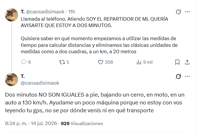 SiSiClaroSi's tweet photo. Perdón pero justamente si te dice que está a 2 minutos es porque LLEGA EN 2 MINUTOS y si va caminando, en bondi, a lomo de burro o en jet a vos te da lo mismo. Si te lo dijera en distancia ahí sí que no podés calcular 🤦‍♀️ https://t.co/3wojeaPGnq