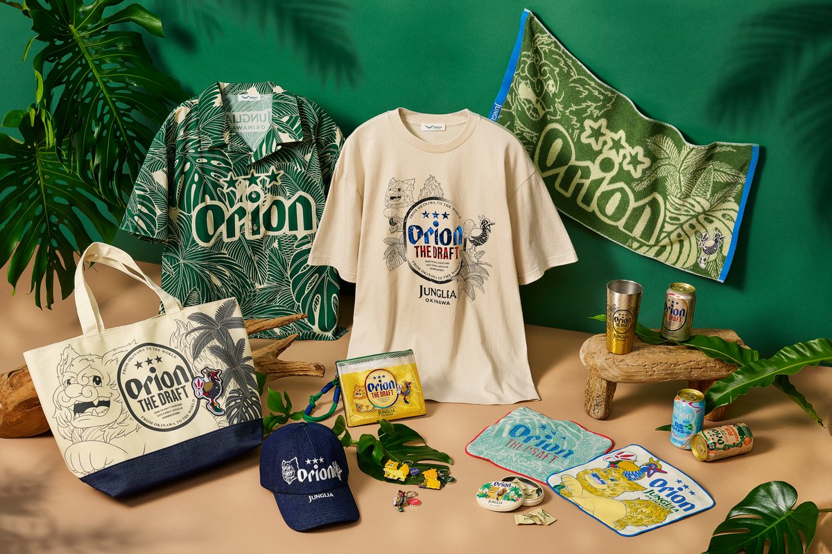 JUNGLIA_OKINAWA's tweet photo. ✨ new item ✨
ジャングリアの仲良しコンビ「ジャン」と「シシ」とオリオンビールの限定コラボが8月1日から発売開始！
※Tシャツのみ先行販売中♪

ジャンとシシの沖縄らしさと、オリオンビールの世界観が溶け合うことで、やんばるの森の豊かな空気を感じるラインナップ🌴
この夏、沖縄旅行の新定番グッズが一気に登場！