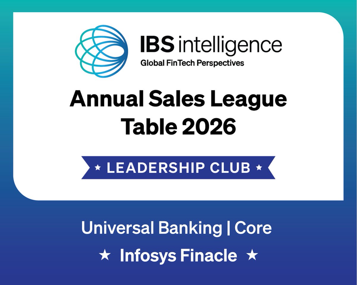 IBSIntelligence's tweet photo. 🏆 𝗦𝗟𝗧 𝟮𝟬𝟮𝟲 – 𝗪𝗶𝗻𝗻𝗲𝗿 𝗔𝗻𝗻𝗼𝘂𝗻𝗰𝗲𝗺𝗲𝗻𝘁 🎉
Congratulations to @Finacle on an outstanding performance in the IBSi Sales League Table 2026, earning recognition across multiple banking technology categories.

🥇 Award Wins Include:
• Payment Systems | Wholesale
• Universal Banking | Core
• Wholesale Banking | Transaction Banking
• Neo, Challenger & Digital-only Banks

This recognition reflects Infosys Finacle's continued leadership in delivering comprehensive banking solutions across core transformation, lending, payments, and digital banking, helping financial institutions build agile, scalable, and future-ready banking ecosystems.

#SLT2026 #IBSiSalesLeagueTable #InfosysFinacle #CedarIBSiEvents #BeSeenWhereItMatters