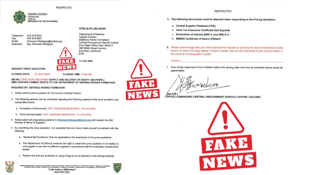SANDF_ZA's tweet photo. ๐ฟ๐ฆFAKE/FALSE NEWS ๐จALERT! Request price quotation. Supply and delivery of eighty (80) pars RMD leather Combat Boots. Department of Defence Logistics Division.
Fake/False News reported by Defence Corporate Communication.
๐ฟ๐ฆ#SANDF
๐ฟ๐ฆ#DODLogisticsDivision
๐ฟ๐ฆ#FakeNews
๐ฟ๐ฆ#FalseNews https://t.co/c6gVm0ndKF