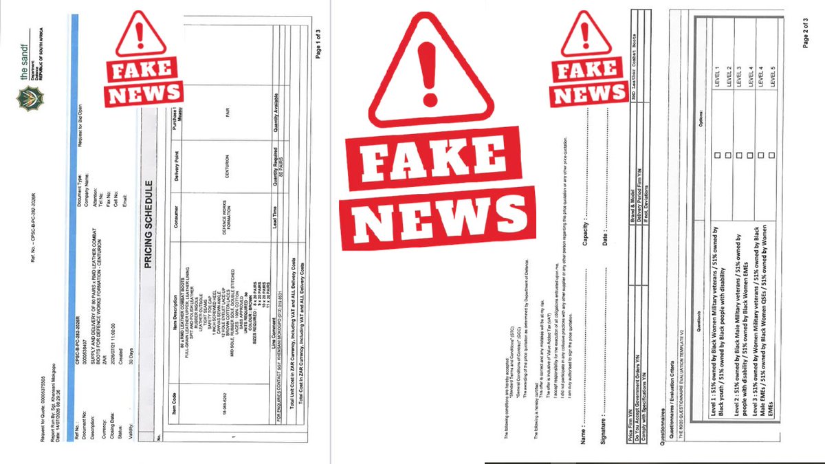 SANDF_ZA's tweet photo. ๐ฟ๐ฆFAKE/FALSE NEWS ๐จALERT! Request price quotation. Supply and delivery of eighty (80) pars RMD leather Combat Boots. Department of Defence Logistics Division.
Fake/False News reported by Defence Corporate Communication.
๐ฟ๐ฆ#SANDF
๐ฟ๐ฆ#DODLogisticsDivision
๐ฟ๐ฆ#FakeNews
๐ฟ๐ฆ#FalseNews https://t.co/c6gVm0ndKF