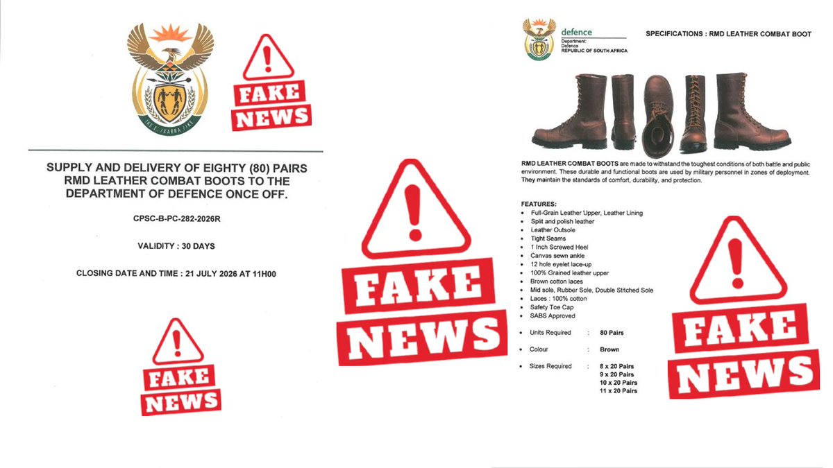 SANDF_ZA's tweet photo. ๐ฟ๐ฆFAKE/FALSE NEWS ๐จALERT! Request price quotation. Supply and delivery of eighty (80) pars RMD leather Combat Boots. Department of Defence Logistics Division.
Fake/False News reported by Defence Corporate Communication.
๐ฟ๐ฆ#SANDF
๐ฟ๐ฆ#DODLogisticsDivision
๐ฟ๐ฆ#FakeNews
๐ฟ๐ฆ#FalseNews https://t.co/c6gVm0ndKF