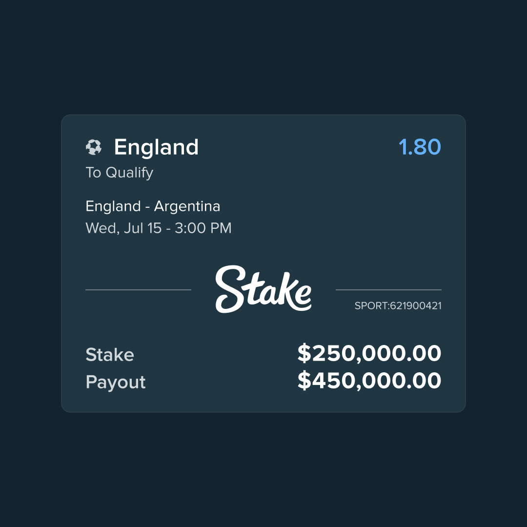 Stake's tweet photo. If England make the World Cup Final, someone on Stake will bag a $450,000.00 payday 💸 https://t.co/p8kizYTk8Y
