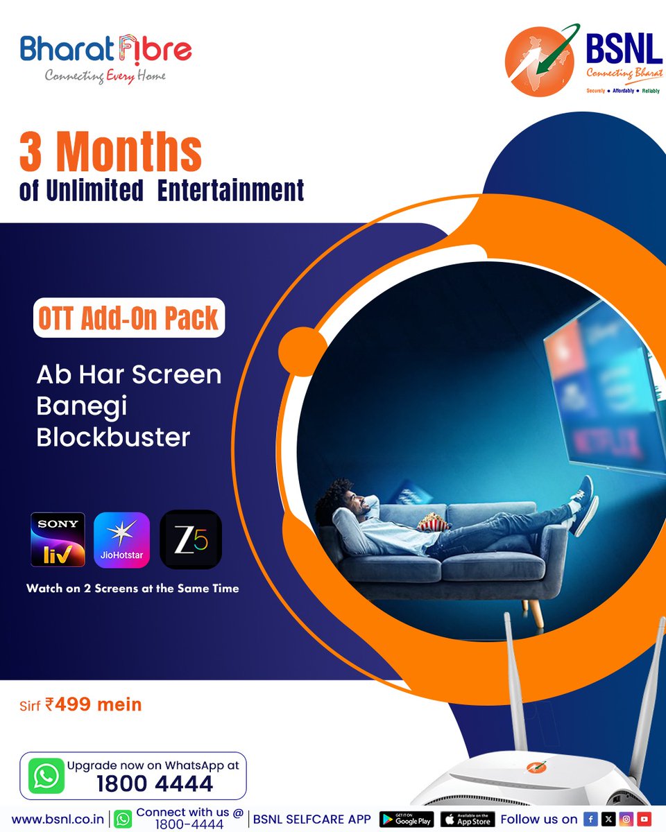 BSNLCorporate's tweet photo. Why choose between value and benefits when you can have both?
#BSNLIndia #StayConnected #InternetForEveryone #DigitalLife #IndiaOnline #BSNLServices #SmartIndia #EverydayConnectivity #499plan #sonylive #ZEE5 #jiohotstar @CMDBSNL @robertravi21 https://t.co/3R8UlA4Uvy