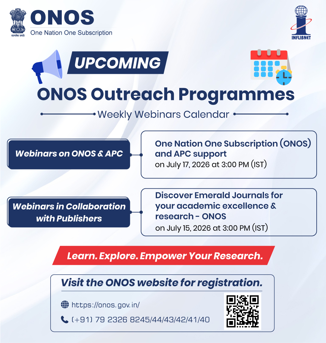 INFLIBNET's tweet photo. 🌐 Expand Your Research Horizons with ONOS
Register for the ONOS Outreach Webinar Series

#ONOS #OneNationOneSubscription #INFLIBNET #APCSupport #OpenAccess #EResources #AcademicLibraries #ResearchSupport #HigherEducation #ScholarlyCommunication #Research #AwarenessProgramme https://t.co/lnyvSfLkIb