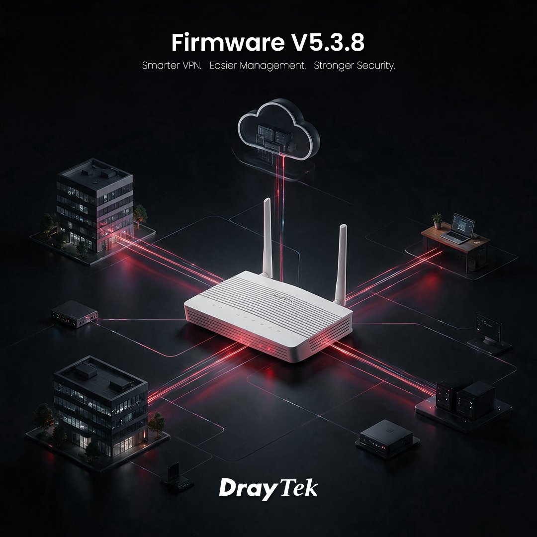 DrayTek_HQ's tweet photo. Firmware V5.3.8: Smarter VPN. Easier Management. Stronger Security.

The latest Vigor2136 Series Firmware V5.3.8 introduces new capabilities that simplify deployment, improve remote management, and strengthen network security.

Highlights:
📍Simplified VPN deployment with VPN Matcher
📍Easier multi-site integration with VPN Network Translation
📍Better remote user visibility with Teleworker VPN IP Overview
📍More flexible Content Filtering by WAN interface
📍MQTT provisioning for scalable device management
📍WLAN security updates addressing published vulnerabilities

Designed to help SI, MSP, and CLEC partners deploy faster, manage smarter, and secure more.

Learn more in the Release Notes.

#DrayTek #Vigor2136 #FirmwareUpdate #VPN #NetworkSecurity #MSP #CLEC #SystemIntegrator