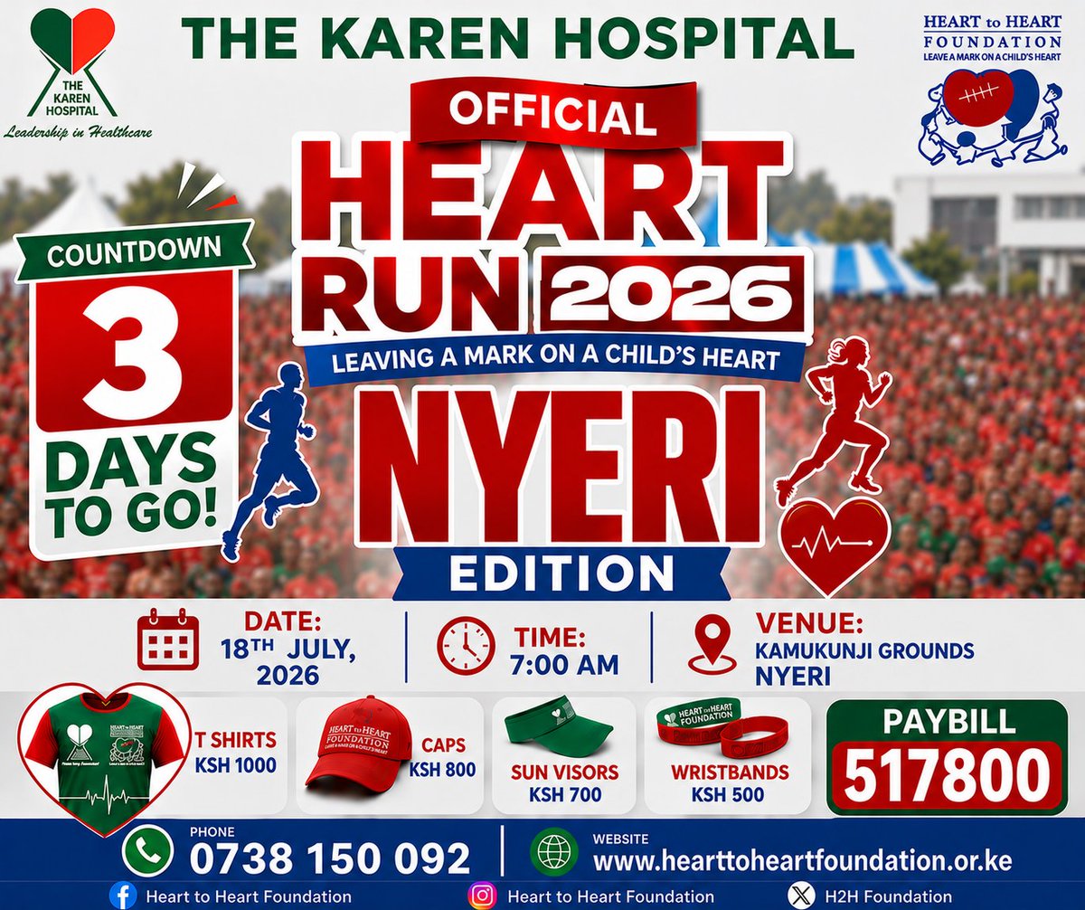 _H2HFoundation's tweet photo. β€οΈ Every registration makes a difference.Join the first-ever Karen Hospital Heart Run β Nyeri Edition. Get your T-shirt, and invite others for this life-changing event.Every step brings hope to a child with a heart condition. πββοΈβ€οΈ#HeartRun #NyeriEdition #EveryStepCounts https://t.co/U6V0AfsUcR