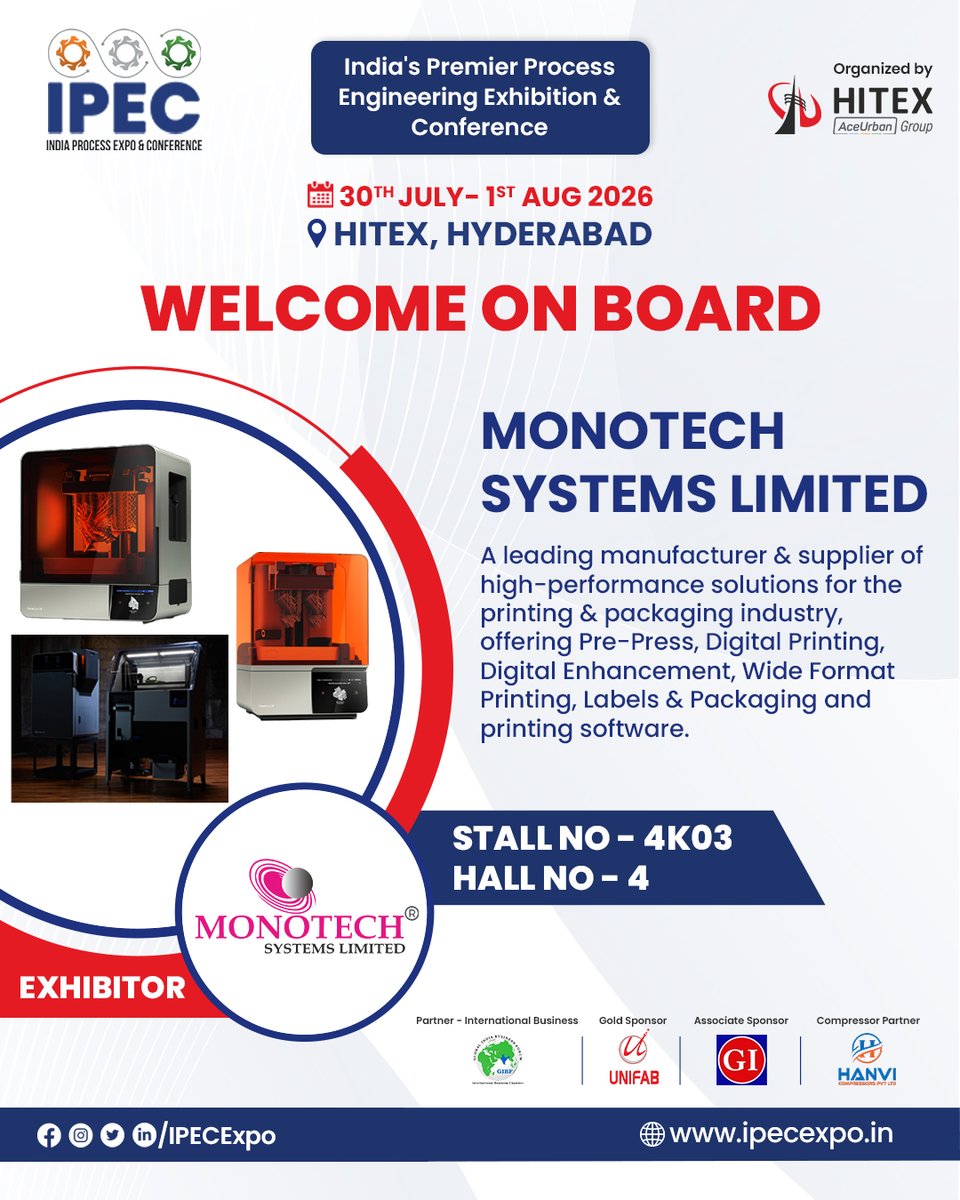 IPEC_EXPO's tweet photo. Welcome on board Monotech Systems Limited
Delighted to have them showcase their solutions at 5th edition of IPEC.
#IPEC #ProcessEngineering #IndustrialExpo #ManufacturingIndia #HITEX https://t.co/4gCjSp9q7C