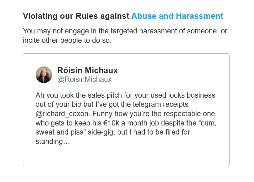 RoisinMichaux's tweet photo. The secretary general of the EU Commission's staff network, @Egalite_EU, a big wheel in the gender machine, has reported me for abuse and harassment for revealing that he sells his underpants with his semen on them on Vinted. I have a video of this guy expelling from the staff network for defending women's sex based rights. 

I fail to see how it's harassment to help him advertise his jizzy jocks, he put it right there in his bio.