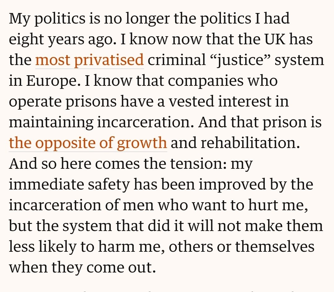 rabiddogkt's tweet photo. She actually wrote a really good article a few years ago explaining why her politics had changed since then and why criminalising more acts won't work, because profound changes needed to be made in order to prevent people from reoffending and offending in the first place. https://t.co/MqcVwHnZir