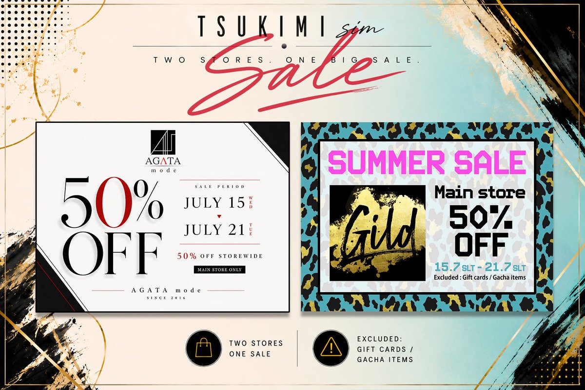 Sora_Tatham's tweet photo. TSUKIMI SIMの合同サマーセールです。 GildとAGATA modeのmain storeにて全品50%off でご購入いただけます。 SL時間 15日0時より開始されます。
https://t.co/V4PdkTz5Ge
#secondlife #MEGASALE #gild #AGATAmode https://t.co/dDoLGutR0H