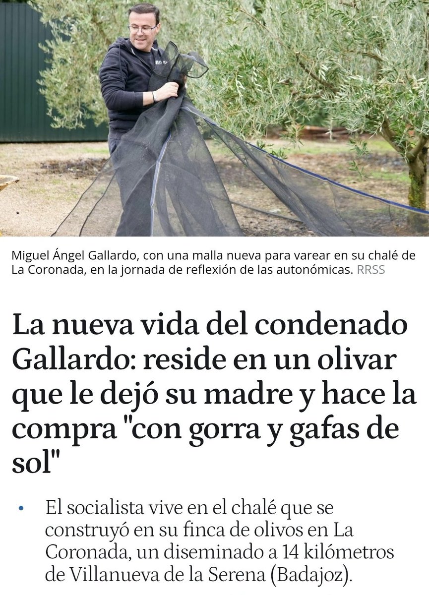 criaturina's tweet photo. CORRUPCIÓN EN LA FAMIGLIA 
EL HERMANÍSIMO, CONDENADO 

🚨🚨 La nueva vida del condenado Gallardo: de presidir la Diputación a residir en un olivar que le dejó su madre y hacer la compra "con gorra y gafas de sol".

Miguel Ángel Gallardo dimitió de todos sus cargos públicos en enero de 2026 y ha sido inhabilitado para su ejercicio  durante 18 años. 

https://t.co/whf9MMGlnz