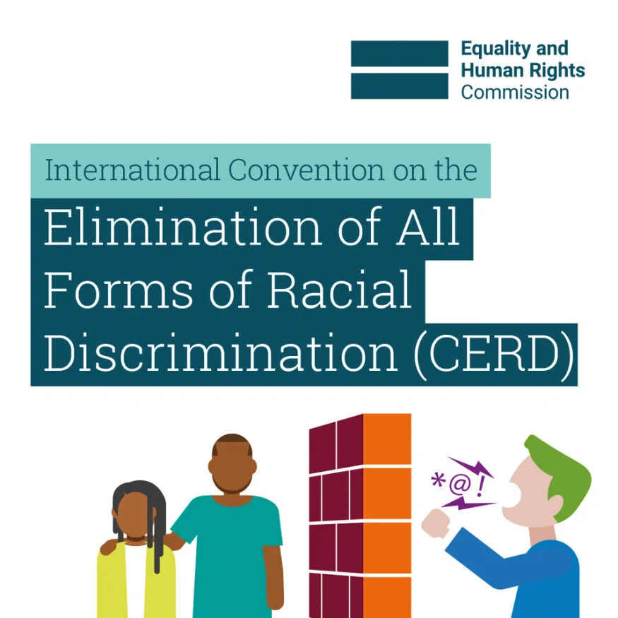 Illustration showing a person comforting another facing racial discrimination, with a figure shouting offensive symbols behind a brick wall.