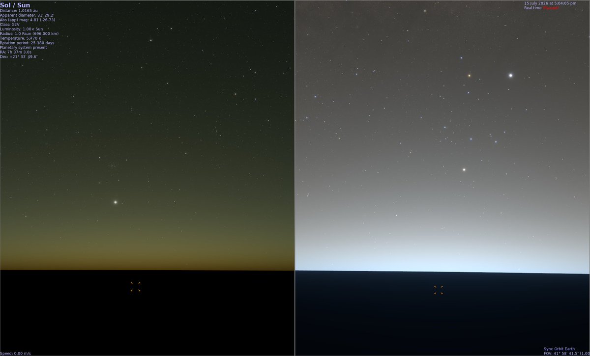 CelestiaProj's tweet photo. Here's dusk on Earth (left) and Mars (right) using the new atmosphere definitions.

#space #simulator #computergraphics #rendering #OpenGL #opensource #CelestiaProject https://t.co/CUaMsY0Oxl