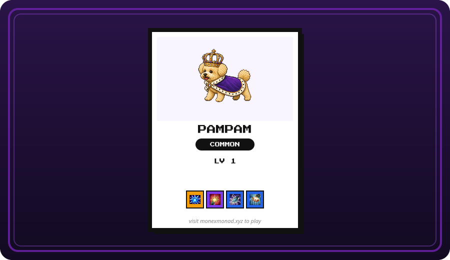 MonExMonad's tweet photo. @jericddd @Moniggamonad flawless session tbh — 1 Common. all 1 landed. Common Pampam > everything else. box is updated — monexmonad has the full lineup. 99/100 @ replies left today. https://t.co/eNUzX5idsM