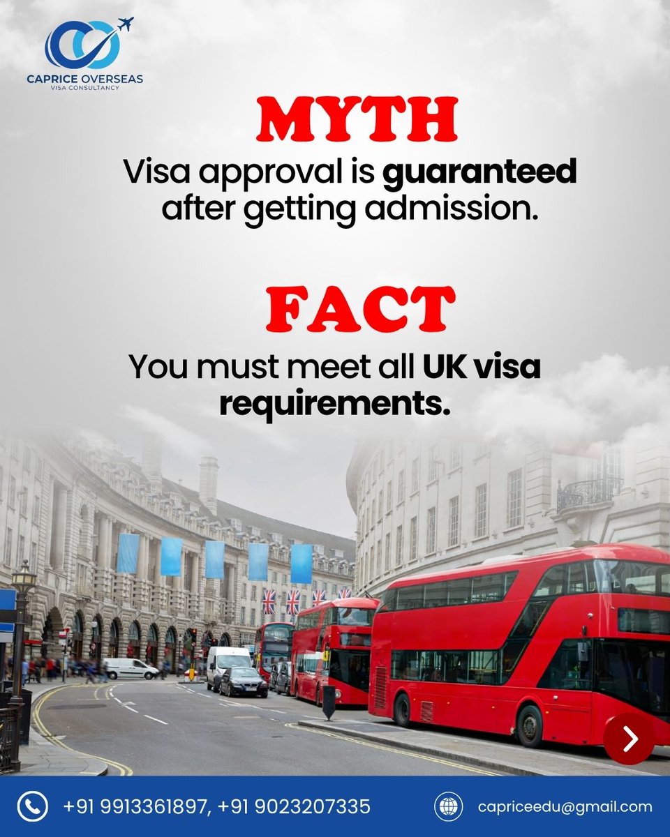 Capriceoverseas's tweet photo. Every year, students lose their UK dream over 4 avoidable myths. 

Thinking your admission secures your visa? It doesn't. 
Submitting ""any"" financial proof? Risky. Ignoring small errors? Costly.

#capriceoverseas #ukstudyvisa #visa #myths&amp;facts #trending #fyp #explorepage https://t.co/IwPjIv81fr