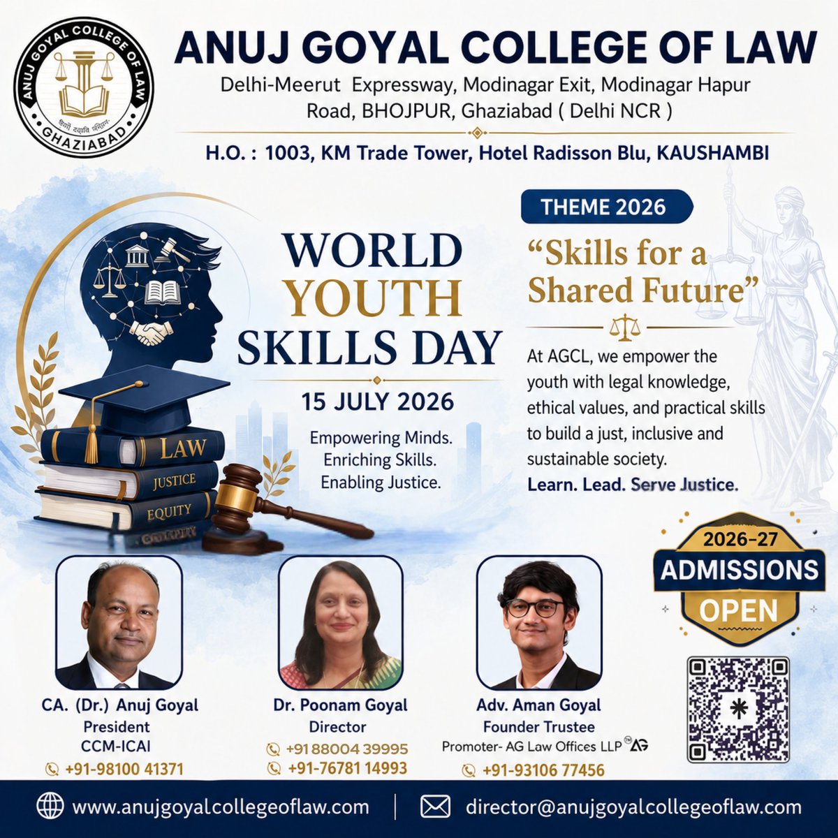 anujgoyallaw's tweet photo. 🌍 World Youth Skills Day 2026 | Skills for a Shared Future ⚖️📚
Together, let's inspire young minds to:
⚖️ Learn with Purpose
🎓 Build Practical Legal Skills
🤝 Uphold Justice & Ethics
🌍 Create a Better Tomorrow
🌐 https://t.co/wMP9amLVrC
#WorldYouthSkillsDay #WYSD2026 #AGCL https://t.co/T1b4Ak8gpx