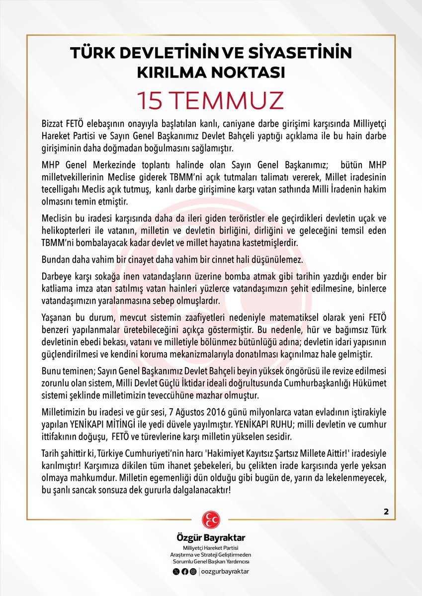 oozgurbayraktar's tweet photo. Türk Devletinin ve Siyasetinin Kırılma Noktası: 15 Temmuz Demokrasi ve Milli Birlik Günü. https://t.co/xJmeMQY856