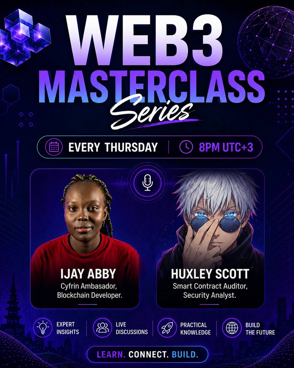 Ijay_js's tweet photo. 🚨 Web3Masterclass Series – Session 2 is here!

Ready to perform your first smart contract audit?

This session is designed to take you through the complete auditing workflow used by professional Web3 security researchers.

📅 Date: 16 July 2026
🕗 Time: 8:00 PM (UTC+3)

📚 We'll cover:
🔹 Understanding the protocol context
🔹 Reading and understanding the codebase
🔹 Finding & exploiting vulnerabilities
🔹 Writing a professional audit report

Whether you're just getting started in Web3 security or looking to sharpen your auditing skills, this session is for you.

🎟️ Register here: https://t.co/XJZVnVMVI0

Know someone interested in smart contract security? Tag them below and share this post! 👇
#Web3 #Web3Security #SmartContracts #Solidity #BlockchainSecurity #CodeHawks #Cyfrin #Audit #BugBounty