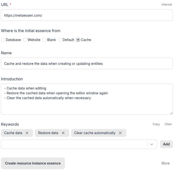 metaessen's tweet photo. Release version V3.3

Highlights or big features:

- Cache data when creating or updating entities(resources, instances, systems, and keywords), so that you will not lose data after closing the editor or browser window accidentally.
- Copy a resource https://t.co/Dv7BF9XloY