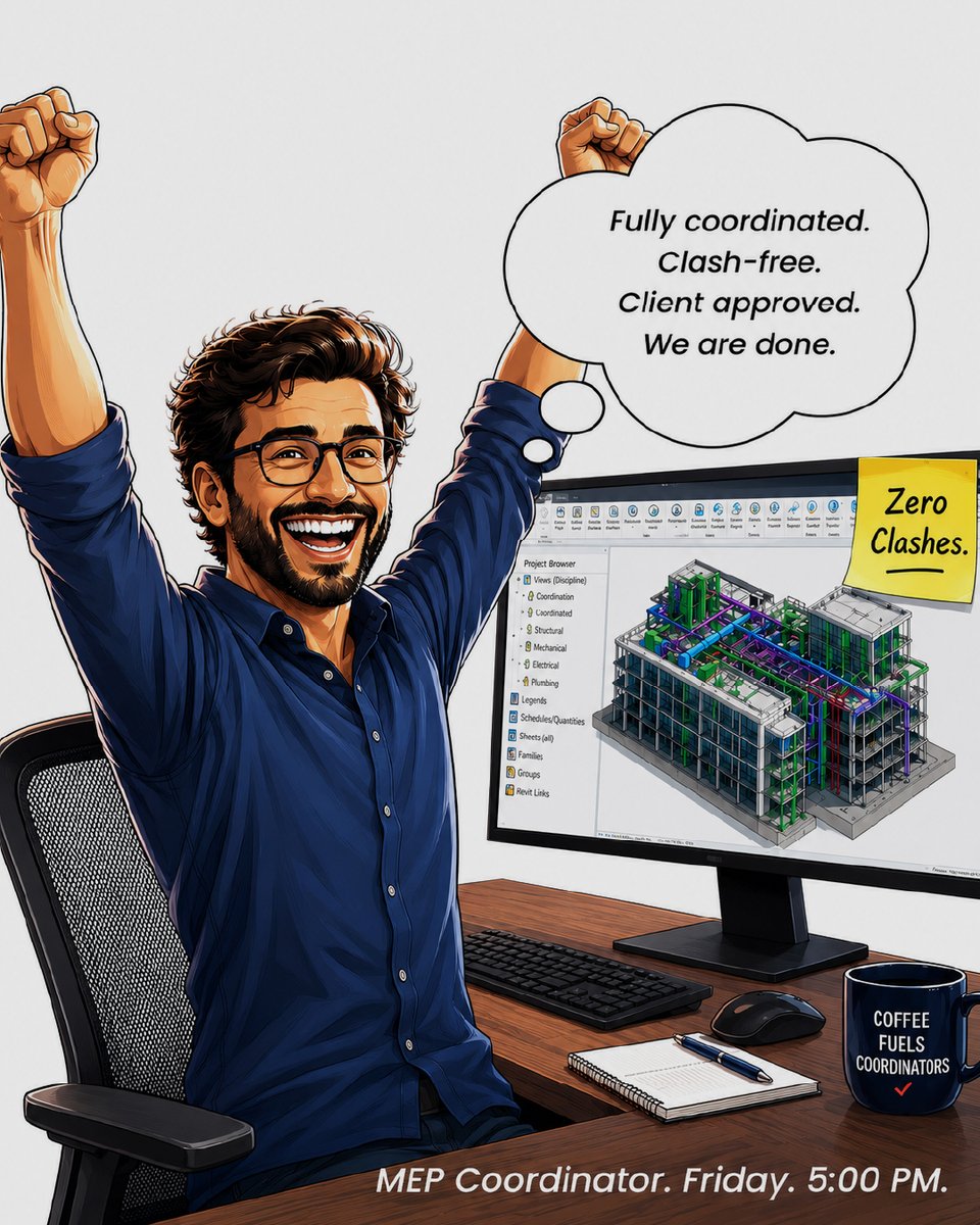 Srinsoftengg's tweet photo. Every MEP coordinator knows this...

"Just one minor change."

After sign-off, it's another clash run, revised drawings, RFIs, and extra coordination.

🔗 https://t.co/modMTNBfYb

#MEPBIM #BIM #AEC https://t.co/35PCbShhn8