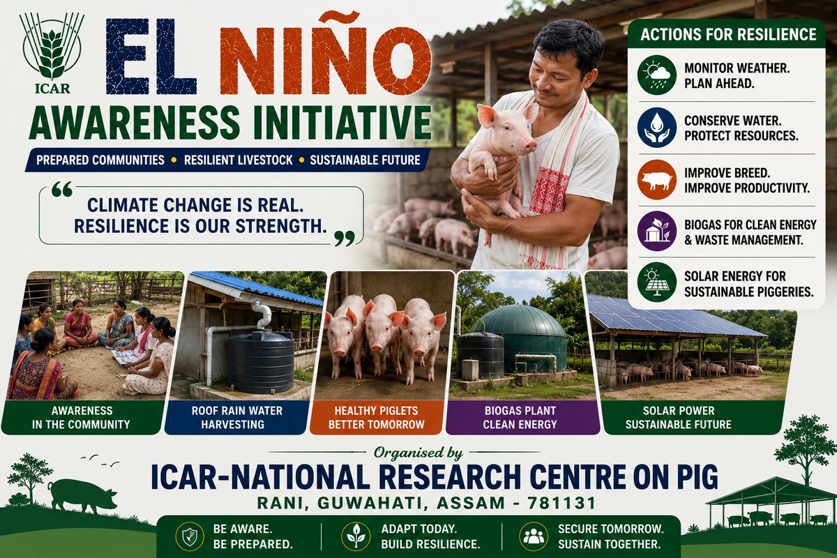 nrcpig's tweet photo. Building climate-resilient pig farming starts with awareness and action. From rainwater harvesting and improved breeds to biogas &amp; solar energy, every step helps create sustainable livelihoods and stronger farming communities.
@icarindia @AgriGoI @ChouhanShivraj https://t.co/GwZnrVU3A2