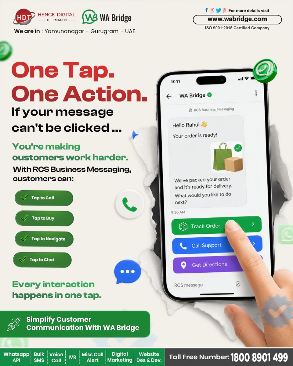 WhatsappBridge's tweet photo. Every tap counts. RCS Business Messaging lets customers call, buy, chat &amp; navigate instantly with clickable actions—all in one message.

👉 https://t.co/lNoHQUxDh3
📞 1800 8901 499

#RCSMessaging #RCSBusinessMessaging #CustomerEngagement #MobileMarketing #WABridge https://t.co/s9VHZRAdfH