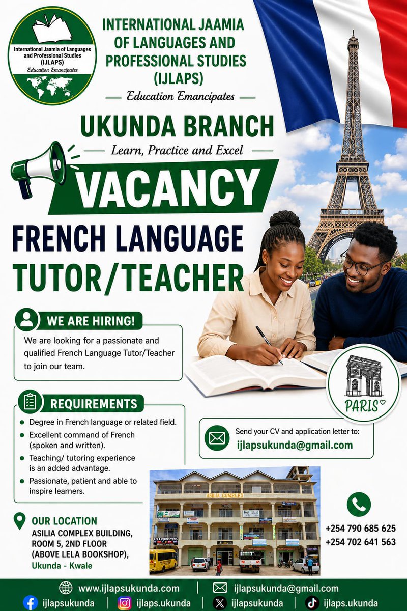 ijlapsukunda's tweet photo. 📢 WE'RE HIRING – FRENCH TEACHER! 🇫🇷

IJLAPS Ukunda is looking for a passionate, qualified, and experienced French Teacher to join our growing team. We are dedicated to helping students develop confidence and fluency in French! Contact us, join us to day!! https://t.co/vvfWDDsWDg