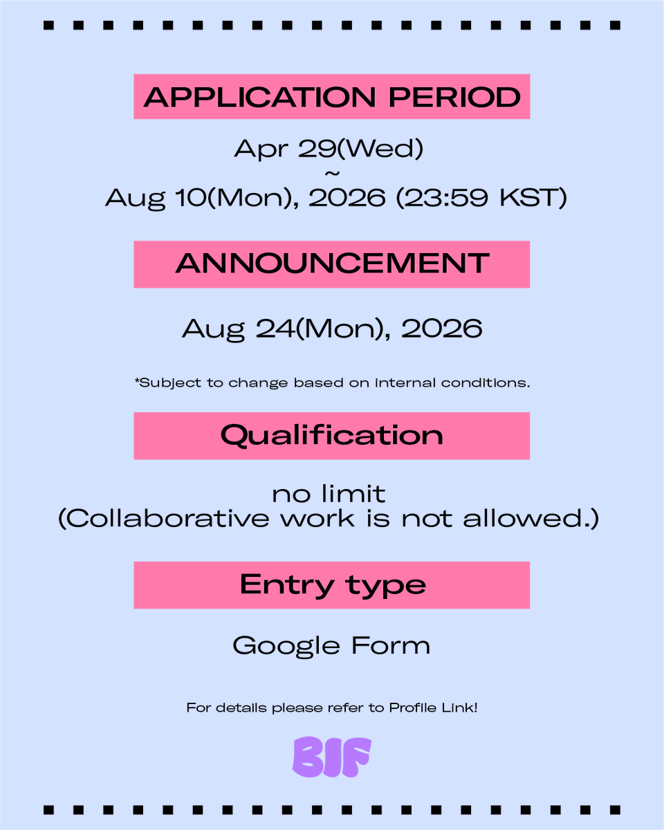 BIF_office's tweet photo. 🔔[THE POSTER BUSAN 2026] NOW OPEN🔔

📢 Get a chance to upgrade your career with just one poster!
Hosted annually since 2020, the official poster competition of the The Busan Illustration Fair,
[THE POSTER BUSAN 2026] is waiting for you! ✨

▶ Theme
KEEP CALM and ‘________’

▶ Timeline
-Application Period: April 29(Wed) ~ August 10(Mon) 23:59 KST
-Announcement of Winners: August 24(Mon)

▶Qualification
No limit (Collaborative work is not allowed.)

▶ Entry Type
Google Form

Please check the link in our profile for more details! 😁

We look forward to your interest and participation! 💜

Inquiry: [ocreo@ocreo.kr]

#THEPOSTERBUSAN #THEPOSTERBUSAN2026 #BusanIllustrationFair #Busan #poster #posterdesign #Illustration #illust #BusanIllustration #BIFV7 #Busancontest #BusanExhibition #HaeundaeExhibition